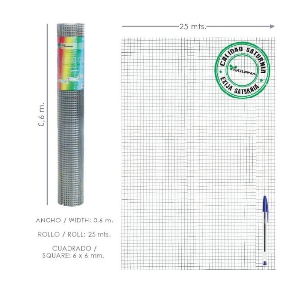 Malha Galvanizada Eletrossoldada 6X6 / 60 cm Rolo 25 Metros Uso Domestico SATURNIA